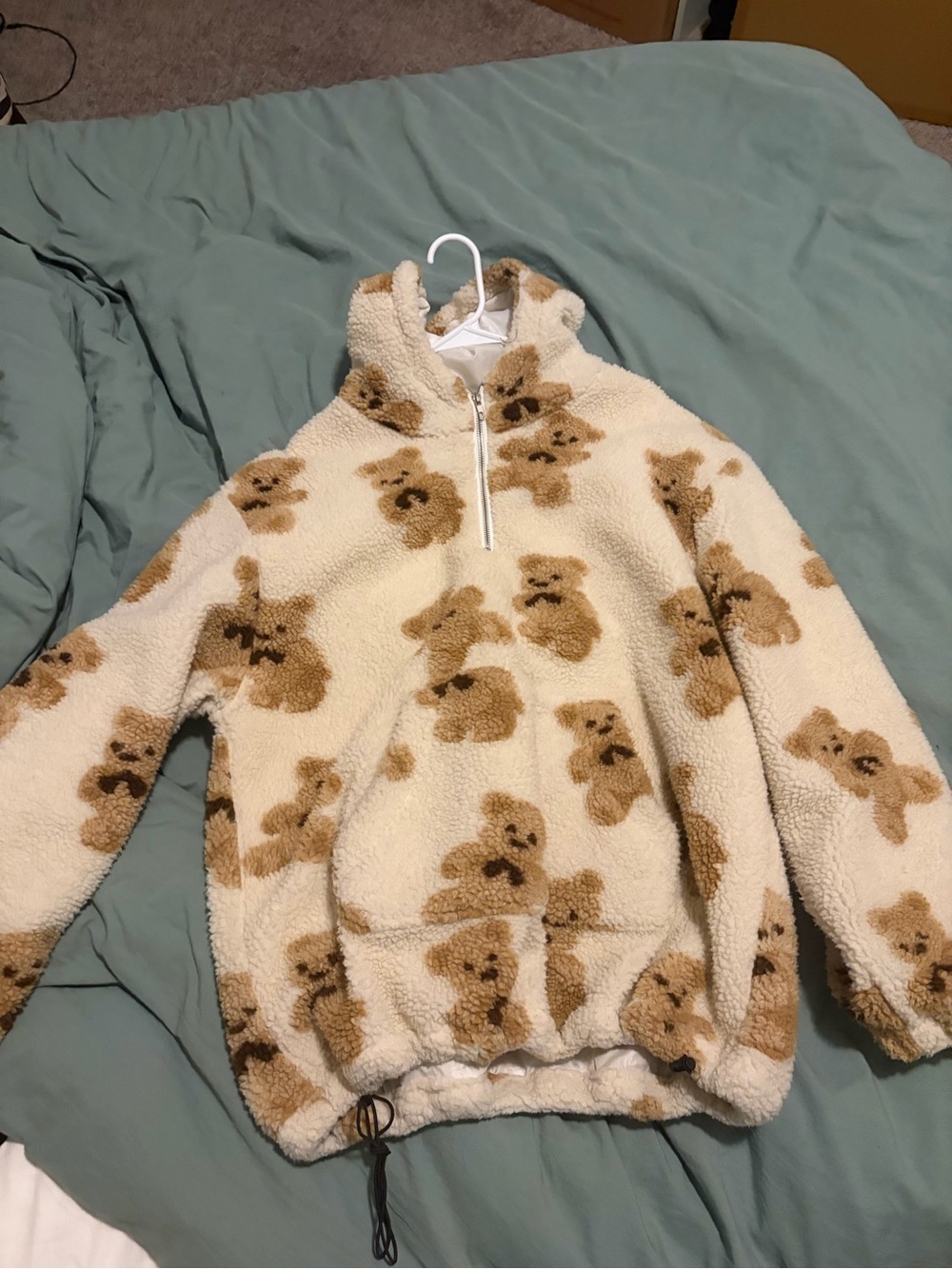 Teddy Sherpa Hoodie Jacket - Cream with Brown Bear Print